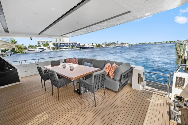 Notorious Yacht Photos Pics Luxurious 2017 Sanlorenzo SL106 yacht deck with elegant seating and waterfront view.