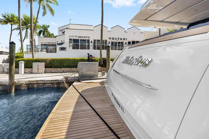 Notorious Yacht Photos Pics Sanlorenzo SL106 yacht docked near Voltari Electric Boats building, 2017 model.