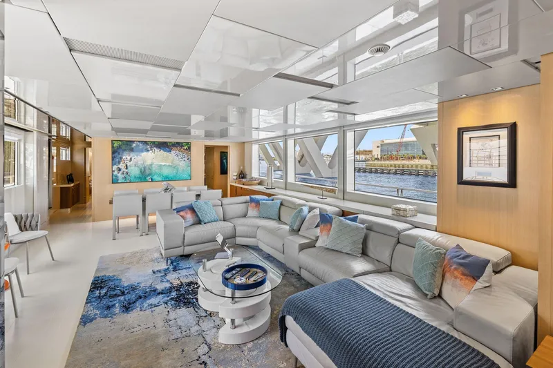 Notorious Yacht Photos Pics Luxurious interior of 2017 Sanlorenzo SL106 yacht with modern decor and waterfront views.