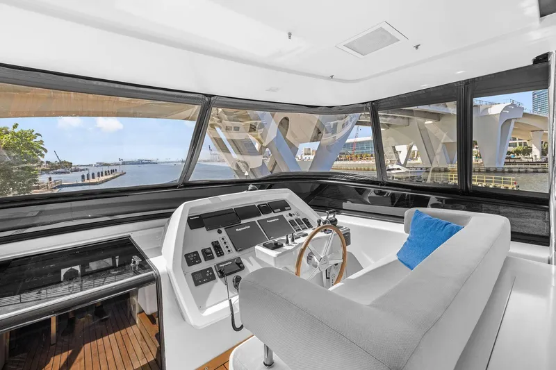 Notorious Yacht Photos Pics Helm of 2017 Sanlorenzo SL106 yacht with modern controls and waterfront view.