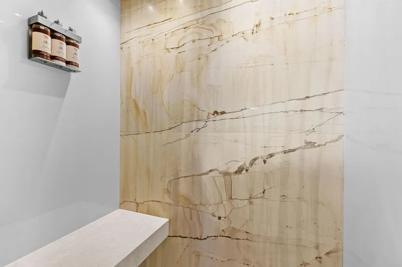 Notorious Yacht Photos Pics Luxurious marble shower interior on 2017 Sanlorenzo SL106 yacht.