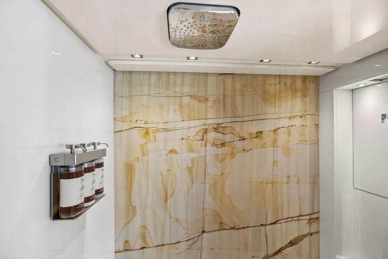 Notorious Yacht Photos Pics Luxurious shower with marble wall in 2017 Sanlorenzo SL106 yacht.