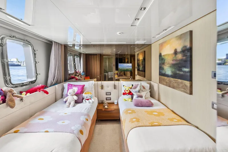 Notorious Yacht Photos Pics Luxurious 2017 Sanlorenzo SL106 yacht cabin with twin beds and plush toys.