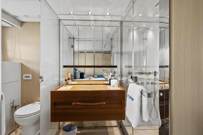 Notorious Yacht Photos Pics Luxurious bathroom on 2017 Sanlorenzo SL106 yacht with modern fixtures and elegant design.