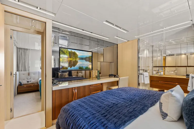 Notorious Yacht Photos Pics Luxurious interior of 2017 Sanlorenzo SL106 yacht with modern bedroom and elegant decor.