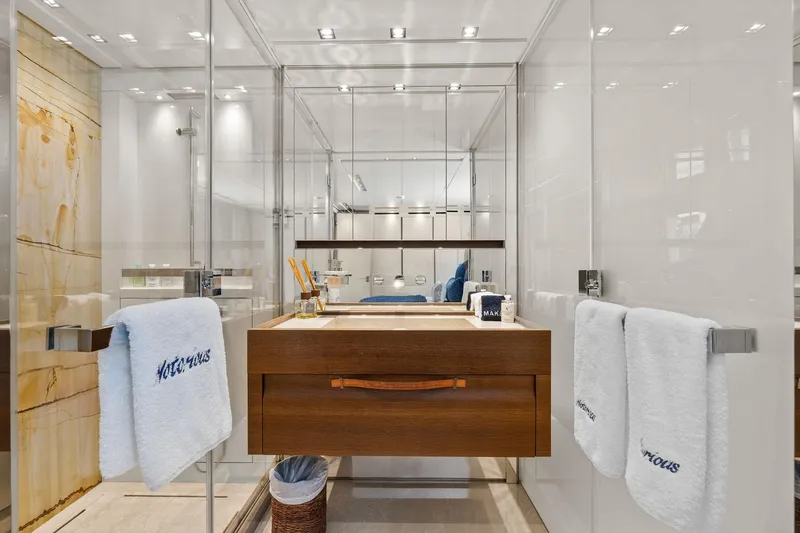 Notorious Yacht Photos Pics Luxurious bathroom on 2017 Sanlorenzo SL106 yacht with modern fixtures and elegant design.