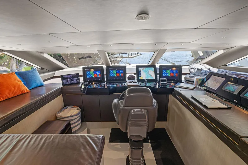 Notorious Yacht Photos Pics Luxurious 2017 Sanlorenzo SL106 yacht cockpit with advanced navigation systems and plush seating.