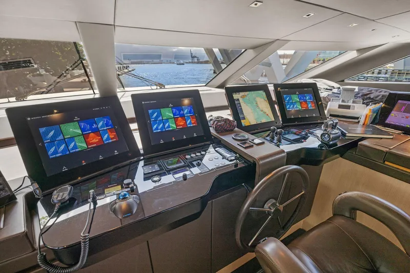 Notorious Yacht Photos Pics Modern helm of 2017 Sanlorenzo SL106 yacht with advanced navigation displays.