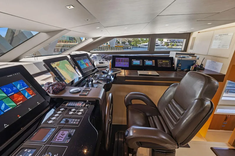 Notorious Yacht Photos Pics Luxurious 2017 Sanlorenzo SL106 yacht helm with advanced navigation systems and leather captain's chair.