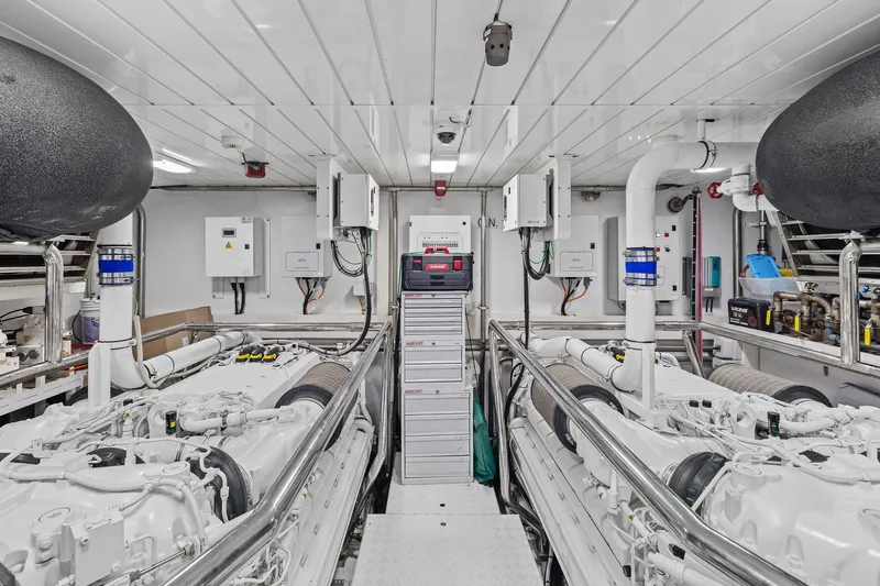Notorious Yacht Photos Pics Engine room of 2017 Sanlorenzo SL106 yacht, featuring dual engines and control systems.