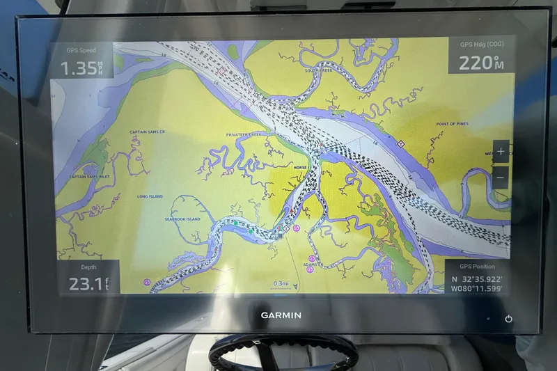  Yacht Photos Pics Garmin GPS map display on 2020 Regulator 31 boat, showing navigation details and depth.