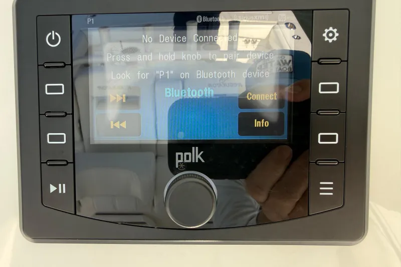  Yacht Photos Pics Polk audio system display on 2020 Regulator 31 boat, showing Bluetooth connection options.