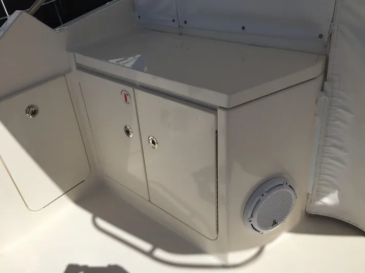  Yacht Photos Pics 2015 Pursuit SC 365i Sport Coupe interior storage and speaker detail.