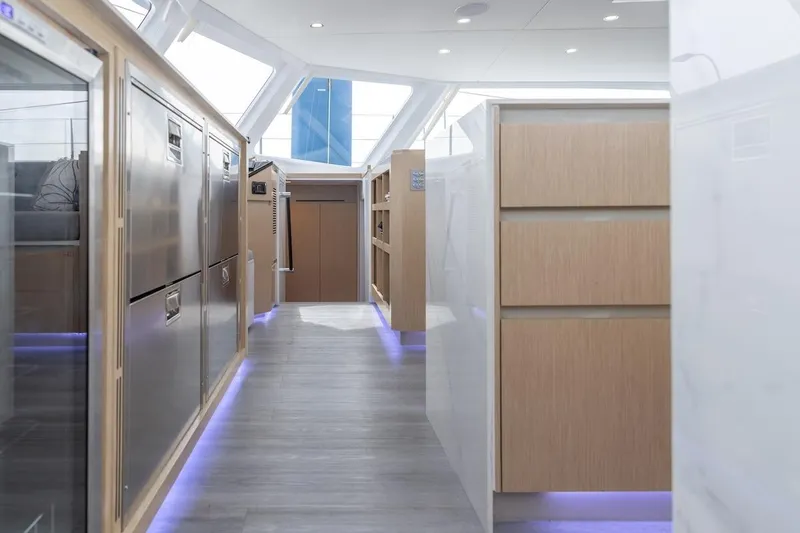  Yacht Photos Pics Modern yacht interior with sleek cabinetry and ambient lighting, Balance 580 model, 2027.
