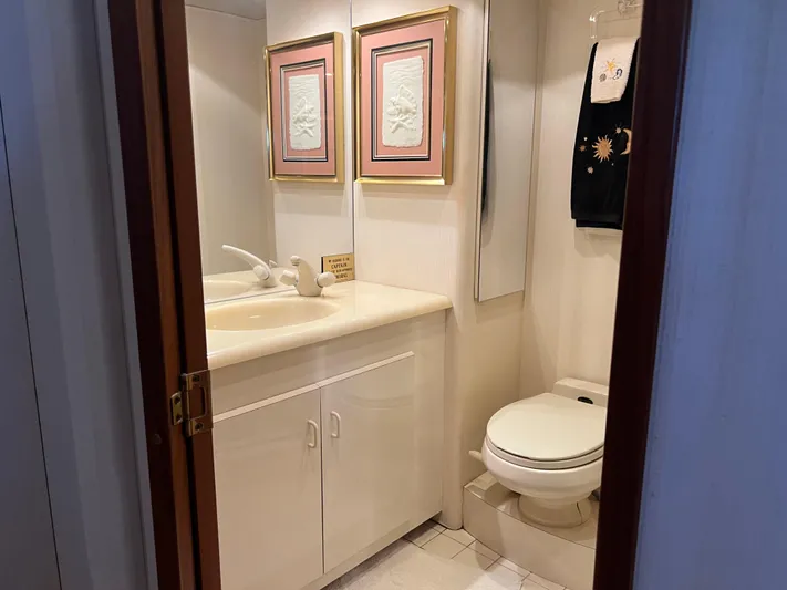  Yacht Photos Pics Luxurious bathroom in a 1995 Viking Sports Yacht with elegant decor and fixtures.
