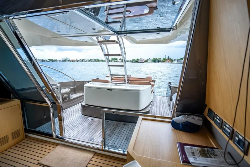 Gabriela Yacht Photos Pics Luxurious 2012 Riva Sport 56 yacht interior with open deck view of the water.