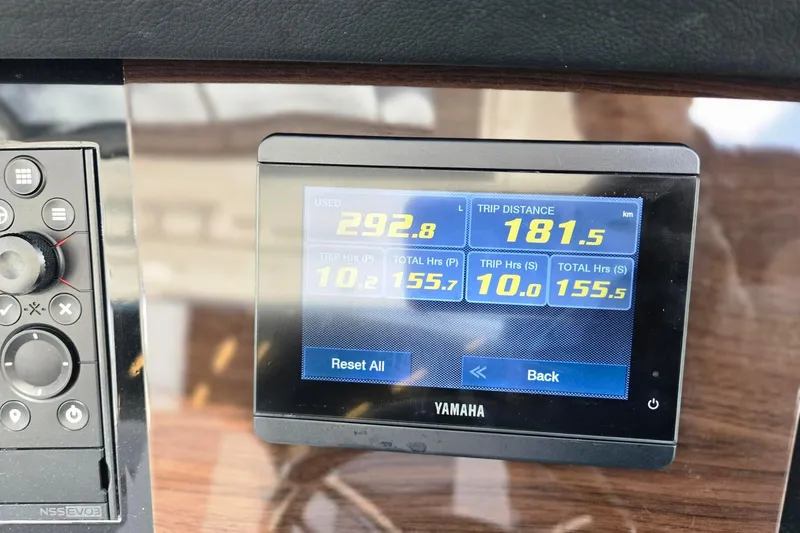  Yacht Photos Pics Dashboard of 2022 Chaparral 280 OSX showing trip data on Yamaha display.
