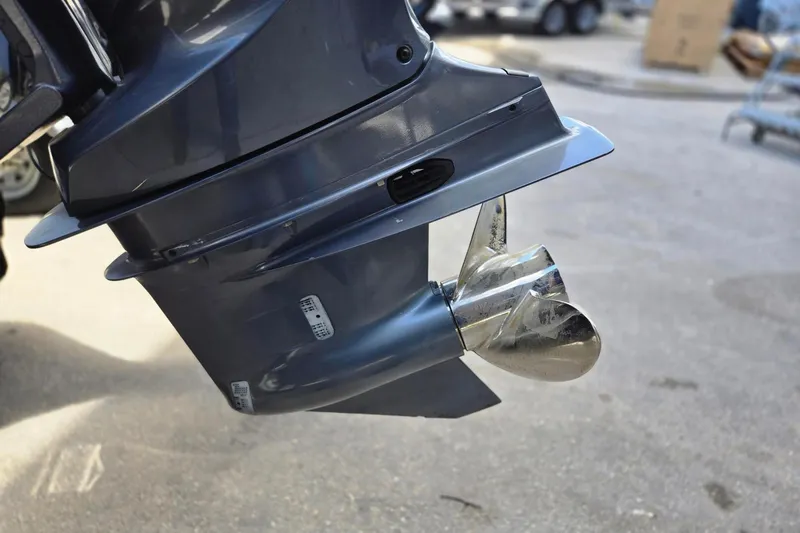  Yacht Photos Pics Close-up of 2022 Chaparral 280 OSX boat propeller and lower unit.