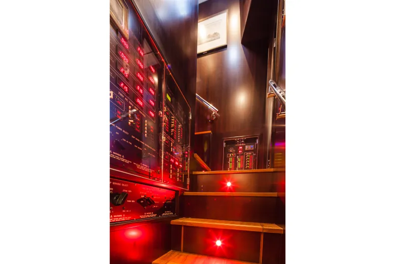  Yacht Photos Pics Staircase with illuminated control panels on a 2013 Nordhavn 68 yacht.