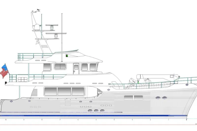  Yacht Photos Pics Side profile illustration of a 2013 Nordhavn 68 yacht with detailed design features.