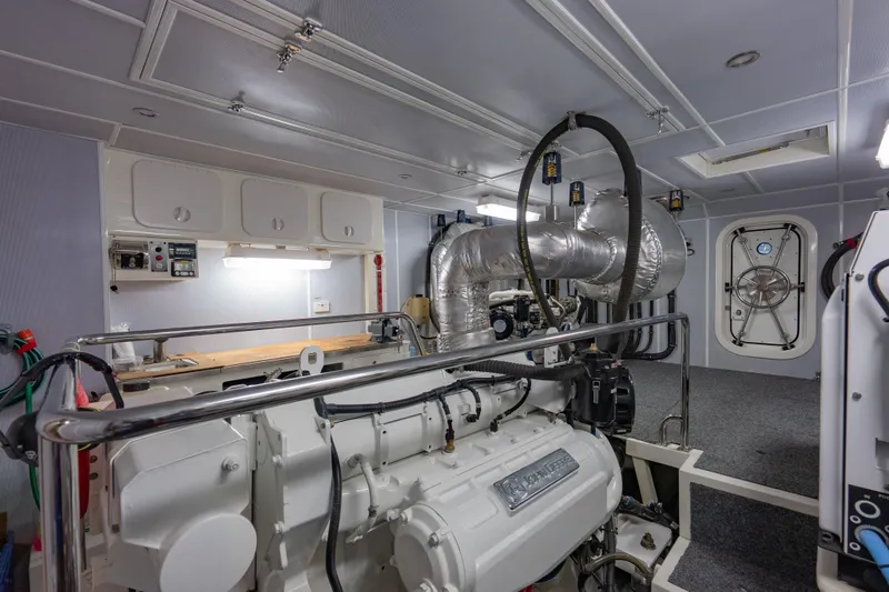  Yacht Photos Pics Engine room of 2013 Nordhavn 68 yacht, featuring advanced machinery and control systems.