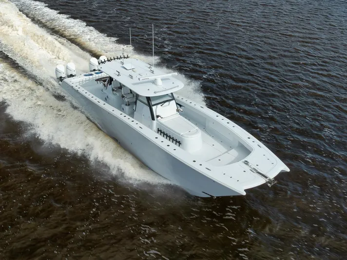  Yacht Photos Pics Freeman 47 boat cruising on water, 2023 model, aerial view.