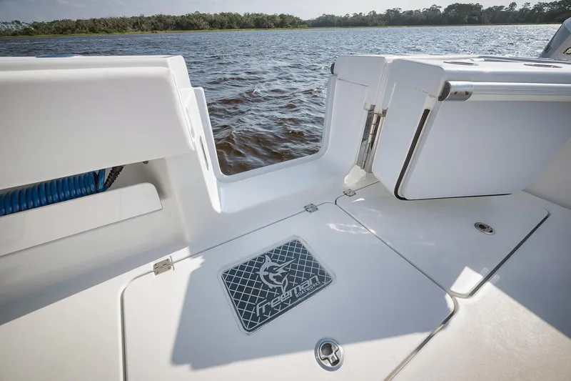  Yacht Photos Pics Freeman 47 boat deck overlooking water, 2023 model.