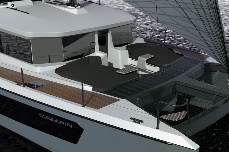 Mazarin 55 Evo II - New Model Release Yacht Photos Pics 2025 Mazarin 55 Evo II Catamaran sailing on water, showcasing sleek design and spacious deck.