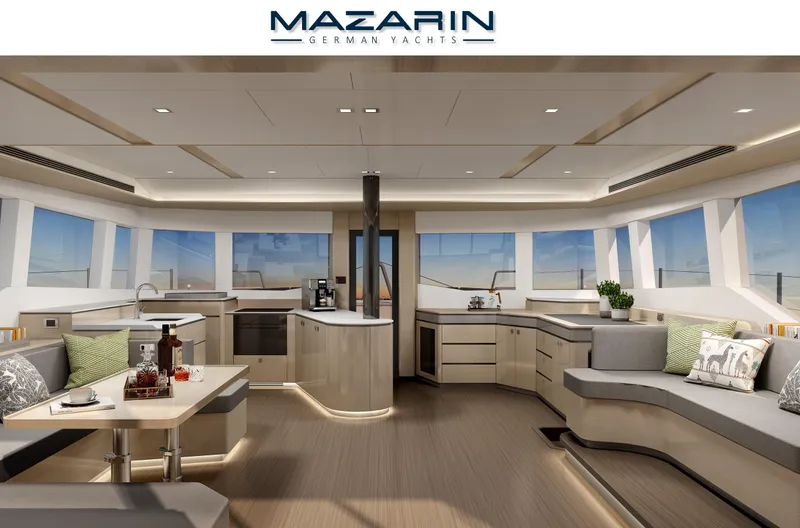 Mazarin 55 Evo II - New Model Release Yacht Photos Pics Luxurious interior of 2025 Mazarin 55 Evo II catamaran, featuring modern design and spacious seating.