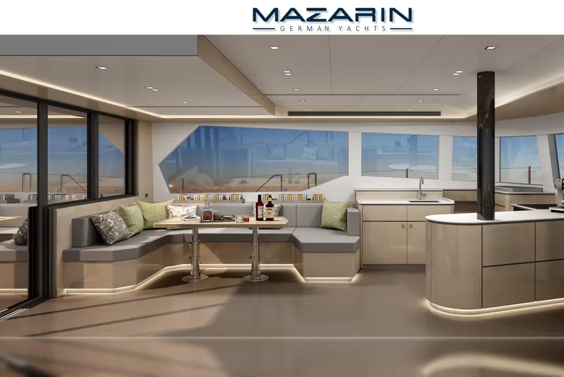 Mazarin 55 Evo II - New Model Release Yacht Photos Pics Luxurious interior of 2025 Mazarin 55 Evo II catamaran, featuring modern seating and panoramic windows.
