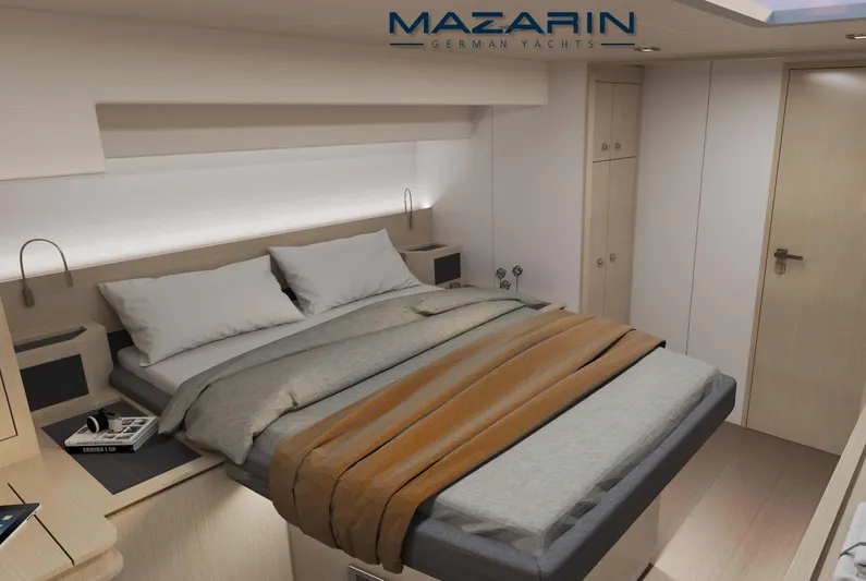 Mazarin 55 Evo II - New Model Release Yacht Photos Pics Luxurious bedroom interior of 2025 Mazarin 55 Evo II catamaran yacht.