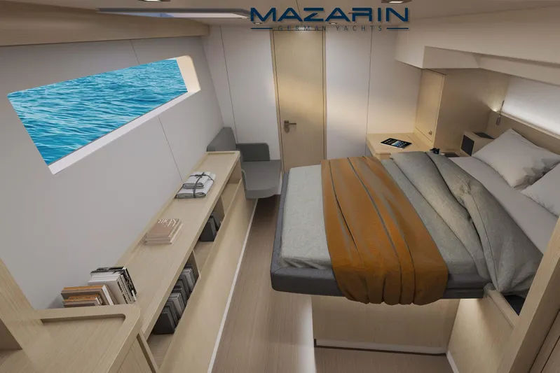 Mazarin 55 Evo II - New Model Release Yacht Photos Pics Luxurious interior of 2025 Mazarin 55 Evo II catamaran, featuring a cozy bedroom with ocean view.