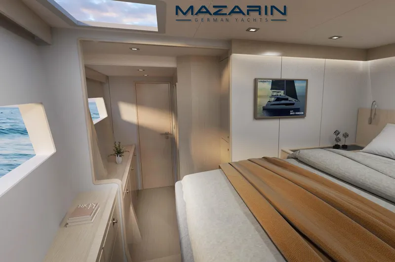 Mazarin 55 Evo II - New Model Release Yacht Photos Pics Luxurious interior of 2025 Mazarin 55 Evo II catamaran, featuring elegant bedroom design.