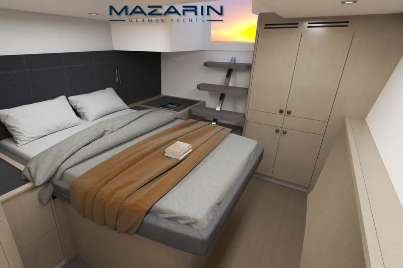 Mazarin 55 Evo II - New Model Release Yacht Photos Pics Luxurious bedroom interior of 2025 Mazarin 55 Evo II catamaran yacht.