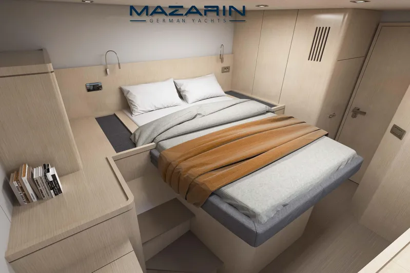 Mazarin 55 Evo II - New Model Release Yacht Photos Pics Luxurious bedroom interior of 2025 Mazarin 55 Evo II catamaran, featuring modern design and cozy bedding.