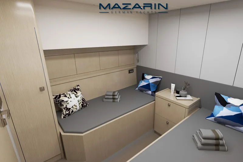 Mazarin 55 Evo II - New Model Release Yacht Photos Pics Luxurious interior of 2025 Mazarin 55 Evo II catamaran, featuring modern design and comfortable seating.