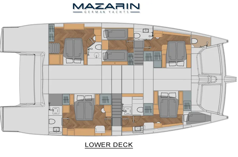 Mazarin 55 Evo II - New Model Release Yacht Photos Pics Lower deck layout of 2025 Mazarin 55 Evo II catamaran, featuring cabins and amenities.