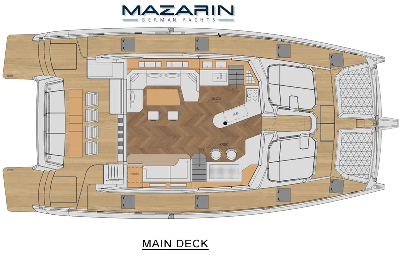 Mazarin 55 Evo II - New Model Release Yacht Photos Pics Main deck layout of 2025 Mazarin 55 Evo II catamaran, featuring spacious living and dining areas.