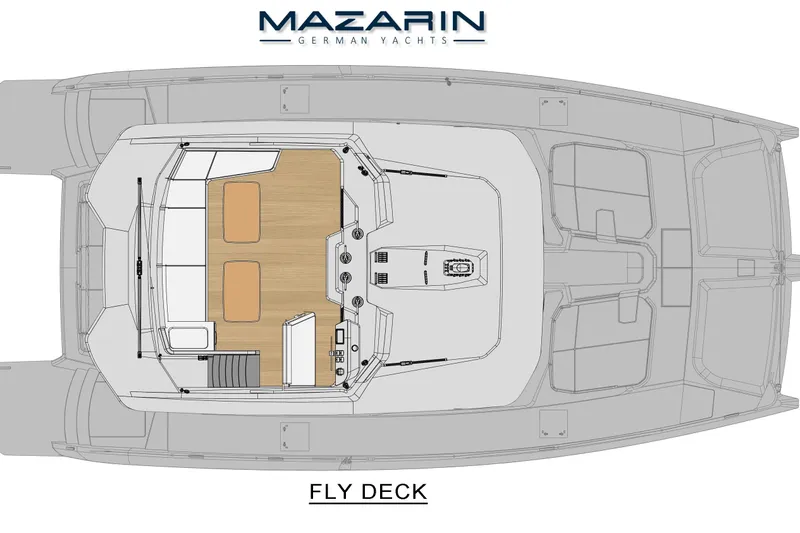 Mazarin 55 Evo II - New Model Release Yacht Photos Pics Mazarin 55 Evo II Catamaran 2025 fly deck layout, featuring seating and control area.