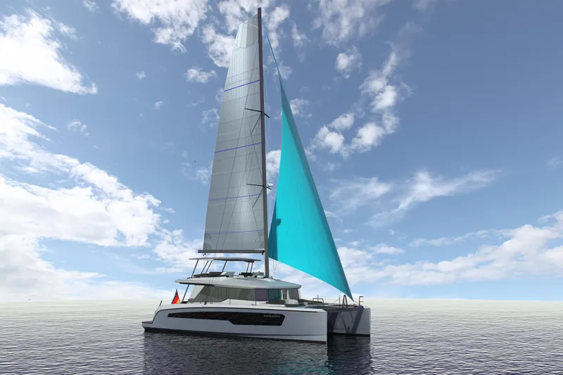 Mazarin 55 Evo II - New Model Release Yacht Photos Pics 2025 Mazarin 55 Evo II catamaran sailing on calm ocean under blue sky.