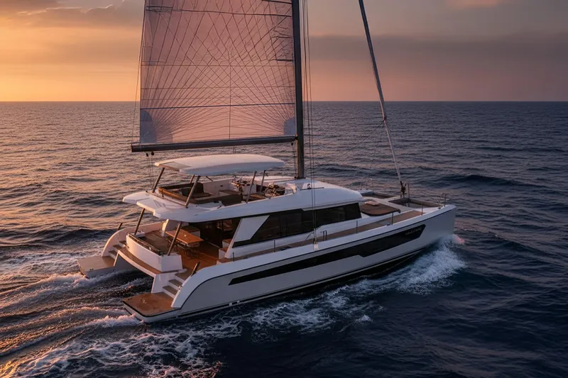 Mazarin 55 Evo II - New Model Release Yacht Photos Pics Luxurious 2025 Mazarin 55 Sail Catamaran cruising at sunset, designed by iYacht GMBH.