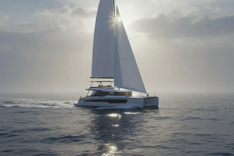 Mazarin 55 Evo II - New Model Release Yacht Photos Pics 2026 Mazarin 55 Sail Catamaran by iYacht GMBH sailing on calm ocean waters.