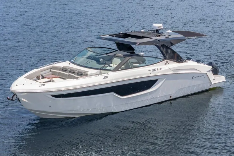  Yacht Photos Pics 2021 Cruisers Yachts 38 GLS on calm water, showcasing sleek design and luxury features.