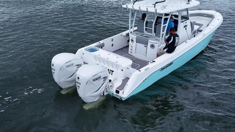 Engine Warranty Yacht Photos Pics 2023 Everglades 365 CC boat with dual Yamaha engines on the water.