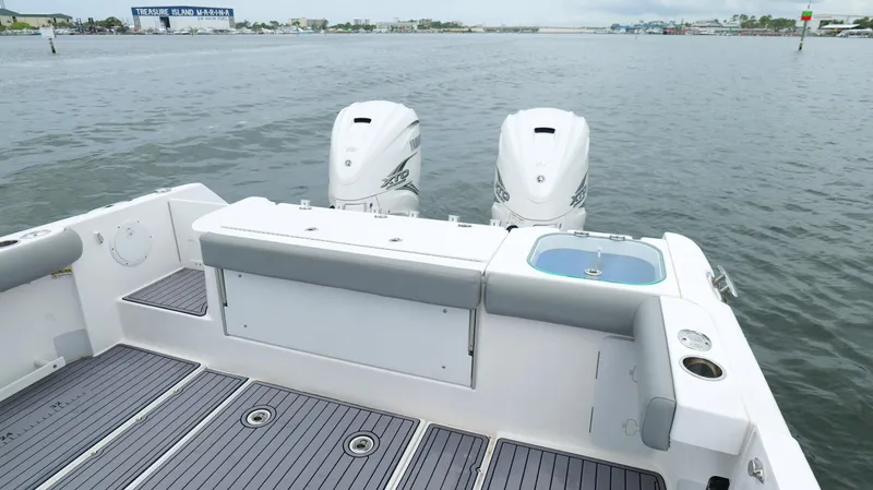 Engine Warranty Yacht Photos Pics 2023 Everglades 365 CC boat with dual engines, docked at Treasure Island Marina.