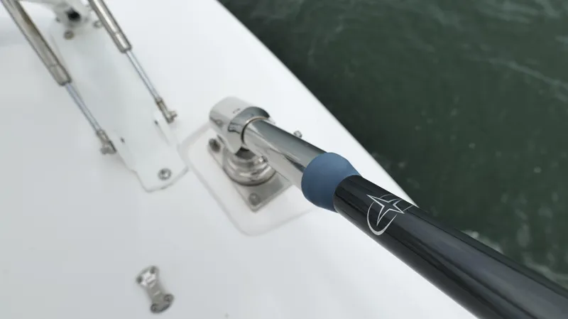 Engine Warranty Yacht Photos Pics Close-up of a 2023 Everglades 365 CC boat's stainless steel railing and fittings.