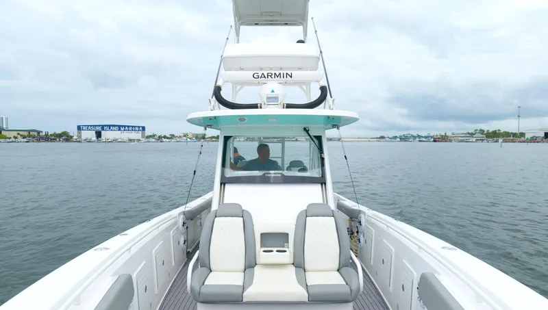 Engine Warranty Yacht Photos Pics 2023 Everglades 365 CC boat on water near Treasure Island Marina.