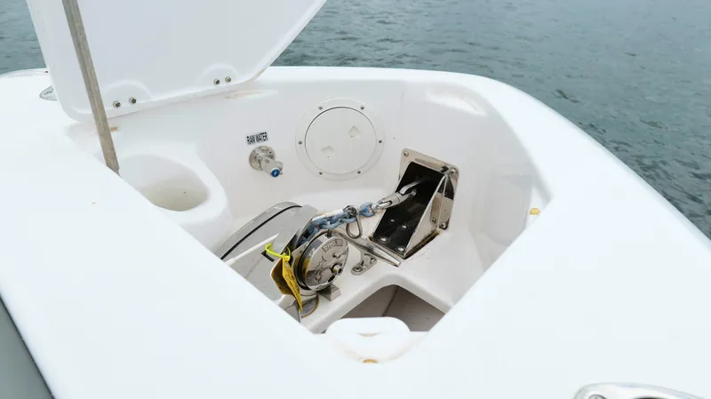 Engine Warranty Yacht Photos Pics Anchor compartment of 2023 Everglades 365 CC boat with raw water access.
