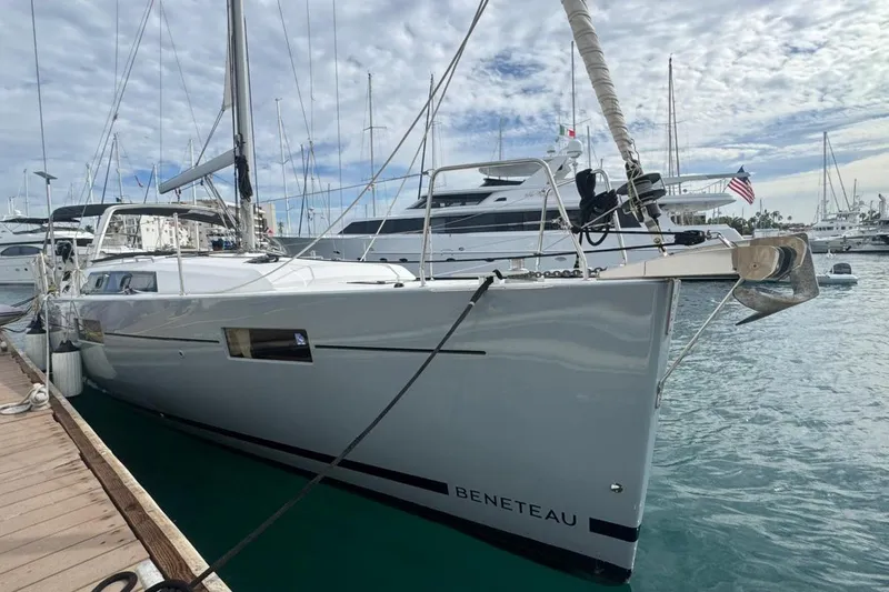 Bambino Yacht Photos Pics 2019 Beneteau Oceanis 41.1 yacht docked at marina, showcasing sleek design and modern features.