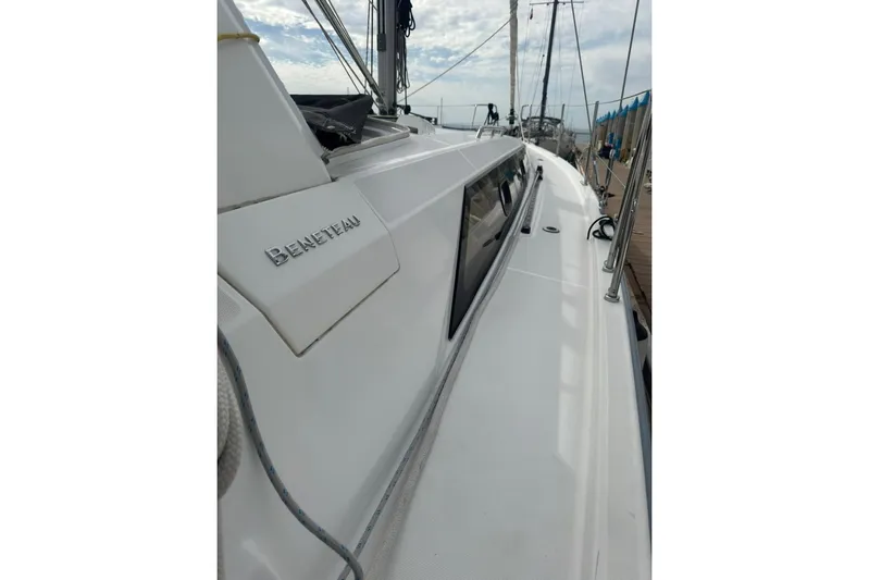 Bambino Yacht Photos Pics 2019 Beneteau Oceanis 41.1 sailboat deck view, showcasing sleek design and branding.